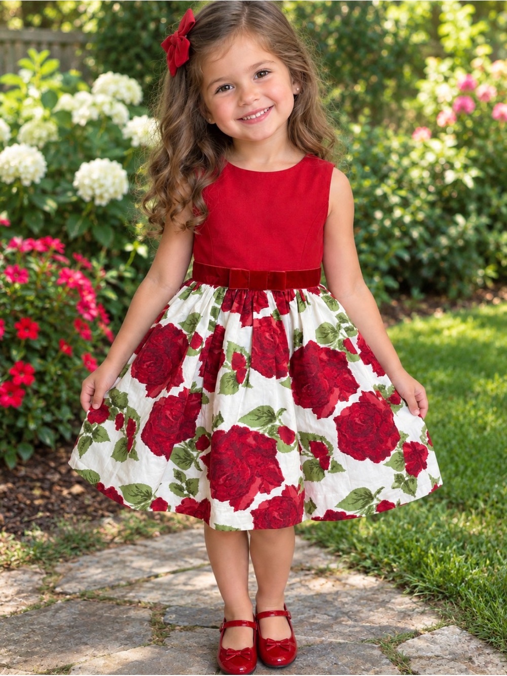 Janie and Jack 5 Tartan Party Floral Fit-and-Flare Kids Dress with Velvet Wais